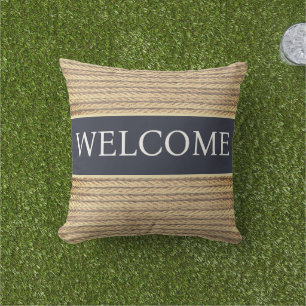 Coastal Nautical Navy Blue Rope Beach Lake Welcome Cushion