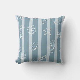 Coastal Nautical Pattern Blue Sea Shell & Seahor Cushion