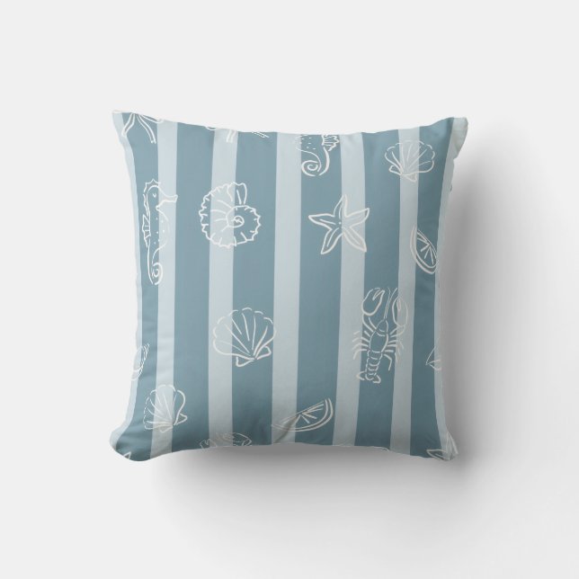 Coastal Nautical Pattern | Blue Sea Shell & Seahor Cushion (Front)