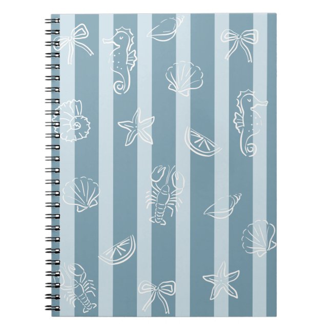 Coastal Nautical Pattern | Blue Sea Shell & Seahor Notebook (Front)