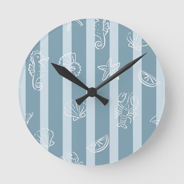 Coastal Nautical Pattern | Blue Sea Shell & Seahor Round Clock (Front)