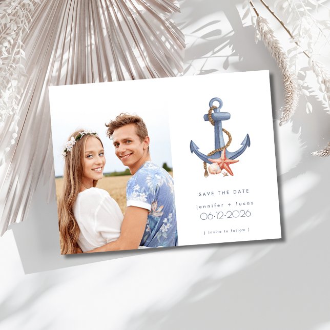 Coastal Nautical Photo Beach Wedding Save the Date Announcement Postcard (Coastal Nautical Photo Beach Wedding Save the Date Postcard)
