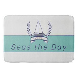 Coastal Nautical Sailboat Teal Blue Navy Summer  Bath Mat