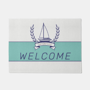 Coastal Nautical Sailboat Teal Blue Navy Summer Doormat