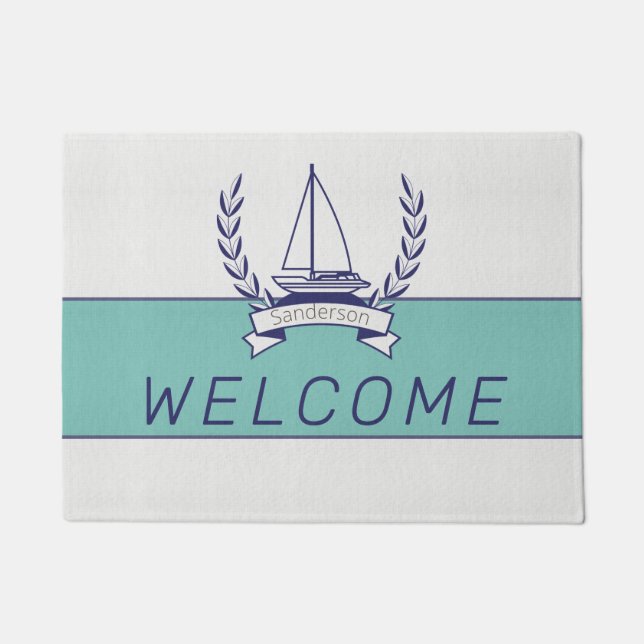 Coastal Nautical Sailboat Teal Blue Navy Summer Doormat (Front)