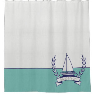 Coastal Nautical Sailboat Teal Blue Navy Summer  Shower Curtain