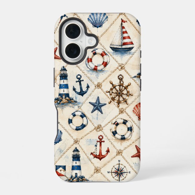 Coastal Nautical Seamless Pattern iPhone 16 Case (Back)