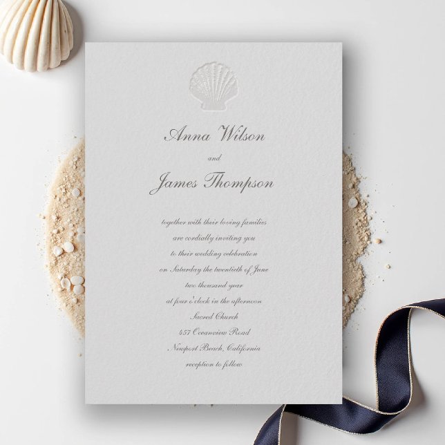 Coastal Nautical Seashell Classic Script Wedding Invitation (nautical coastal wedding invitation modern classic formal traditional script elegant shell ivory)