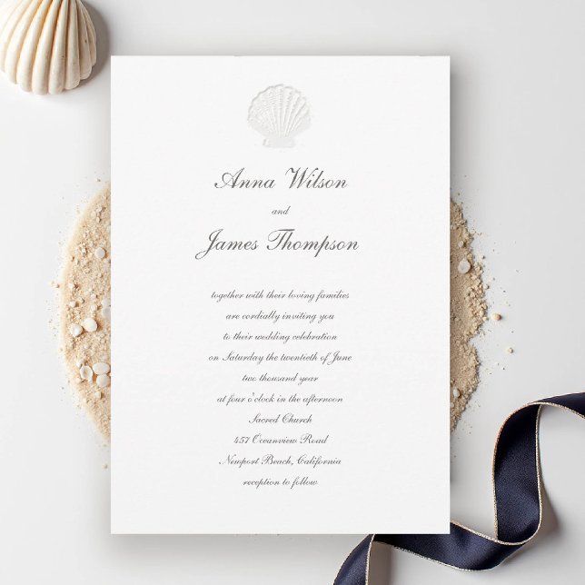 Coastal Nautical Shell Classic Script Pure Wedding Invitation (nautical coastal wedding invitation modern classic formal traditional script elegant shell pure whte)