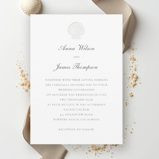 Coastal Nautical Shell Formal Classic Pure Wedding Invitation (nautical coastal wedding invitation modern classic formal traditional elegant shell pure white)