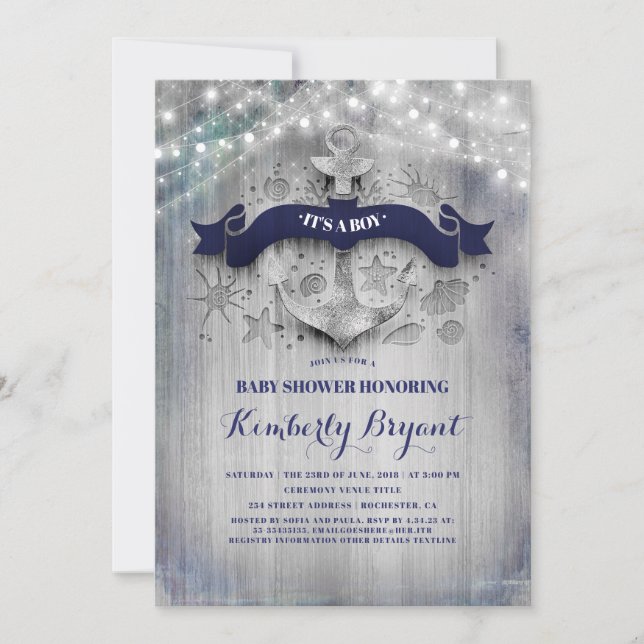 Coastal Nautical Silver Anchor Baby Shower Invitation (Front)