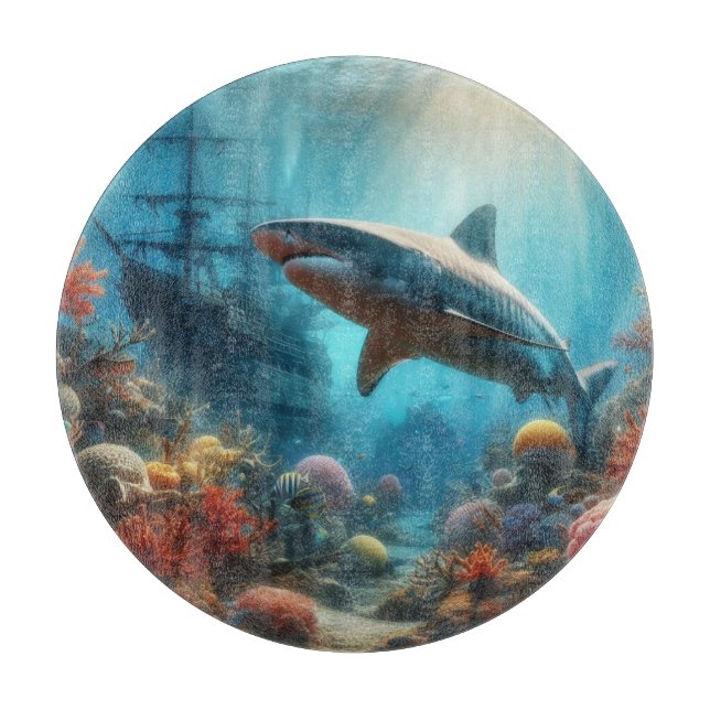 Coastal/nautical tiger shark & coral reef cutting board (Front)