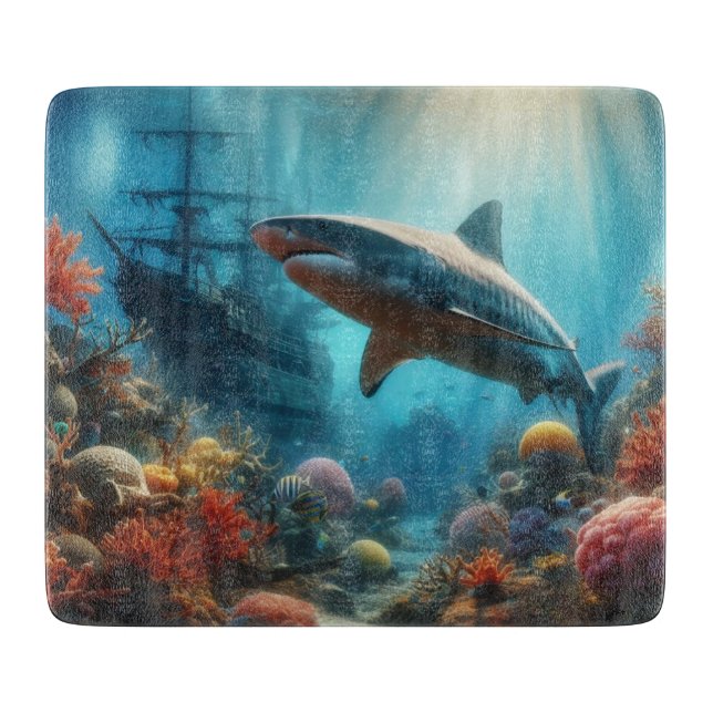 Coastal/nautical tiger shark & coral reef cutting board (Front)
