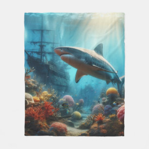 Coastal/nautical tiger shark & coral reef fleece blanket