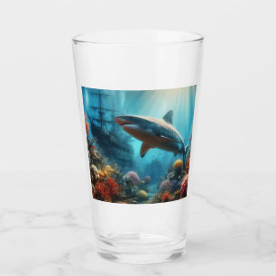 Coastal/nautical tiger shark & coral reef glass