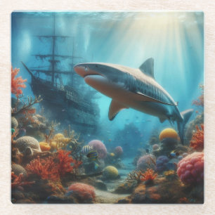 Coastal/nautical tiger shark & coral reef glass coaster