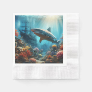 Coastal/nautical tiger shark & coral reef napkin