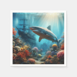 Coastal/nautical tiger shark & coral reef napkin