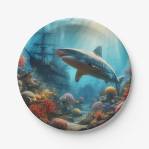 Coastal/nautical tiger shark & coral reef paper plate