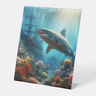 Coastal/nautical tiger shark & coral reef pedestal sign