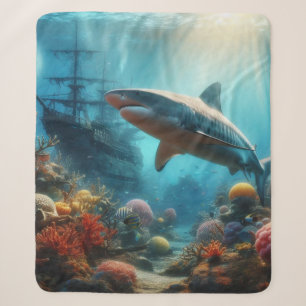Coastal/nautical tiger shark & coral reef sherpa blanket