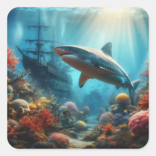 Coastal/nautical tiger shark & coral reef square sticker