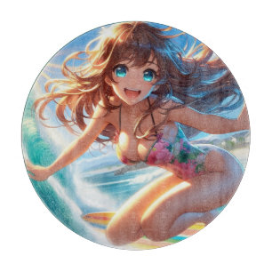 Coastal/Nautical/tropical anime surfer girl Cutting Board