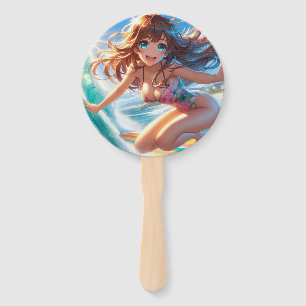 Coastal/Nautical/tropical anime surfer girl Hand Fan