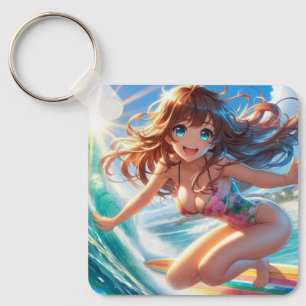Coastal/Nautical/tropical anime surfer girl Key Ring