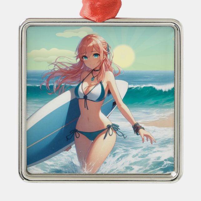 Coastal/Nautical/tropical anime surfer girl Metal Ornament (Front)
