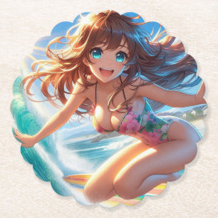 Coastal/Nautical/tropical anime surfer girl Paper Coaster