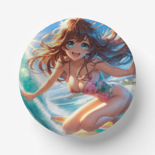 Coastal/Nautical/tropical anime surfer girl Paper Plate