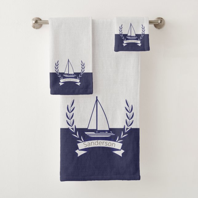 Coastal Nautical Weathered Summer Beach Navy White Bath Towel Set (Insitu)