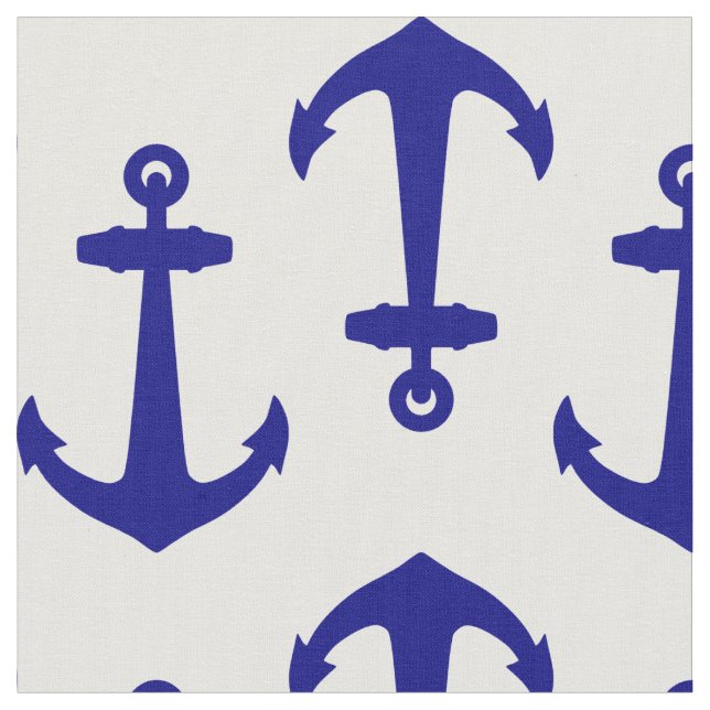 Coastal Nautical White Blue Anchor Pattern Fabric (Close Up)