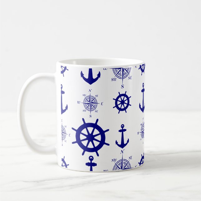 Coastal Nautical White Blue Sailing Pattern Coffee Mug (Left)