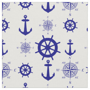 Coastal Nautical White Blue Sailing Pattern Fabric