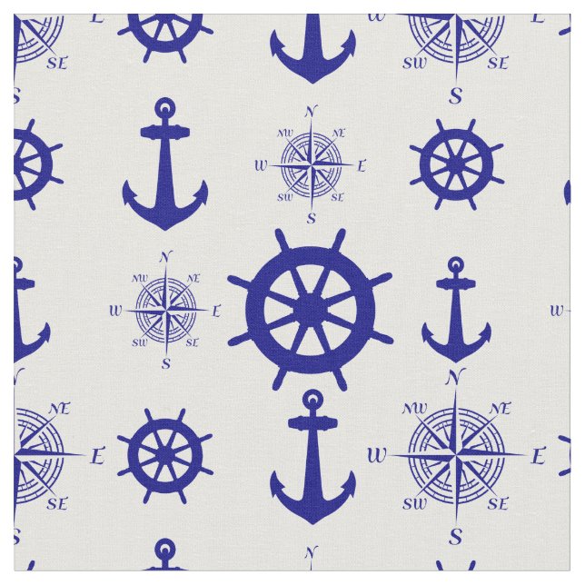 Coastal Nautical White Blue Sailing Pattern Fabric (Close Up)
