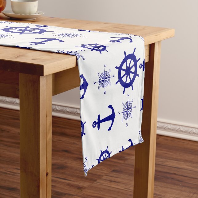 Coastal Nautical White Blue Sailing Pattern Medium Table Runner (In Situ)