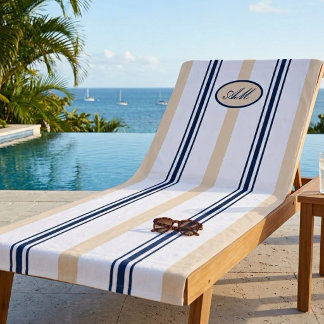 Coastal Navy Blue and Sandy Tan Stripes Monogram Beach Towel