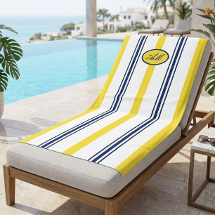 Coastal Navy Blue and Yellow Stripes Monogram Beach Towel