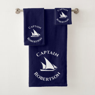 Coastal Navy Blue Captain Name Sailboat Nautical Bath Towel Set