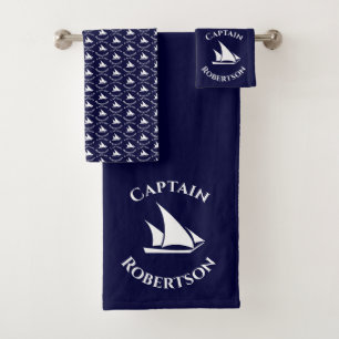 Coastal Navy Blue Captain Name Sailboat Nautical Bath Towel Set