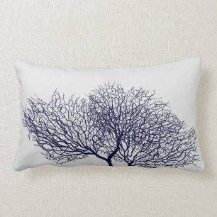 Coastal Navy Blue Grey Sea Coral Beach Lumbar Cushion