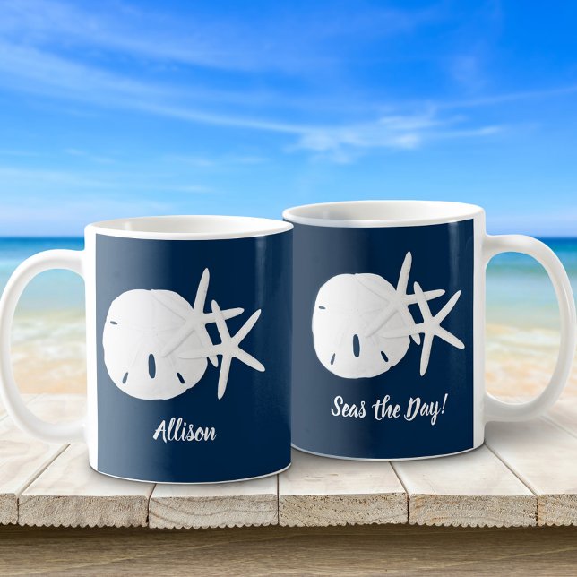 Coastal Navy Blue Seas the Day Personalised Coffee Mug (Creator Uploaded)
