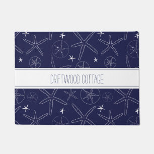 Coastal Navy Blue Starfish, Sand Dollar Doormat