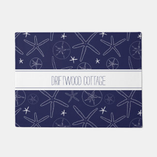 Coastal Navy Blue Starfish, Sand Dollar Doormat