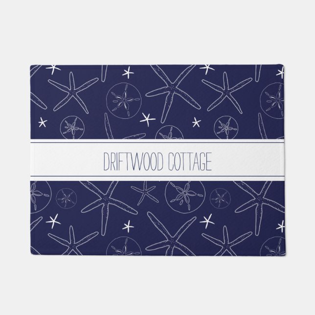 Coastal Navy Blue Starfish, Sand Dollar Doormat (Front)