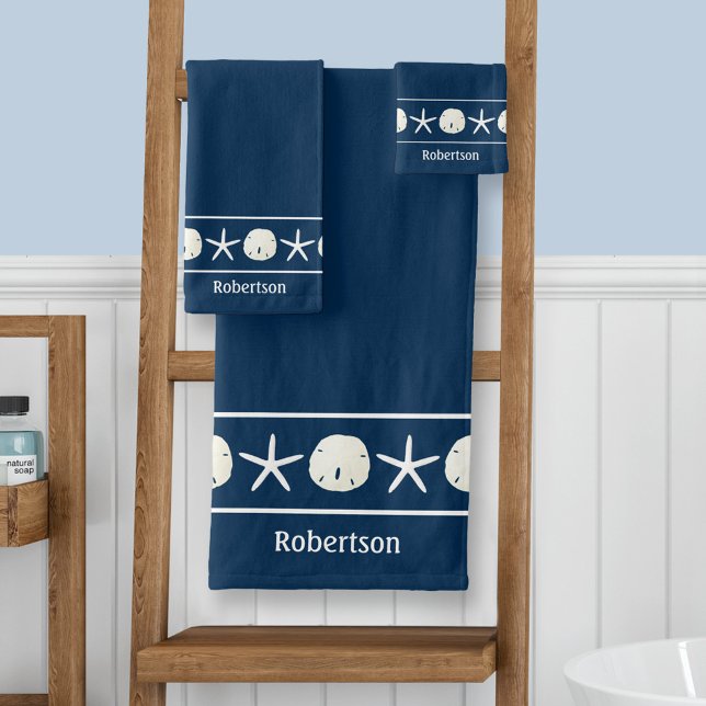 Coastal Navy Blue Starfish Sand Dollar Personalise Bath Towel Set (Creator Uploaded)