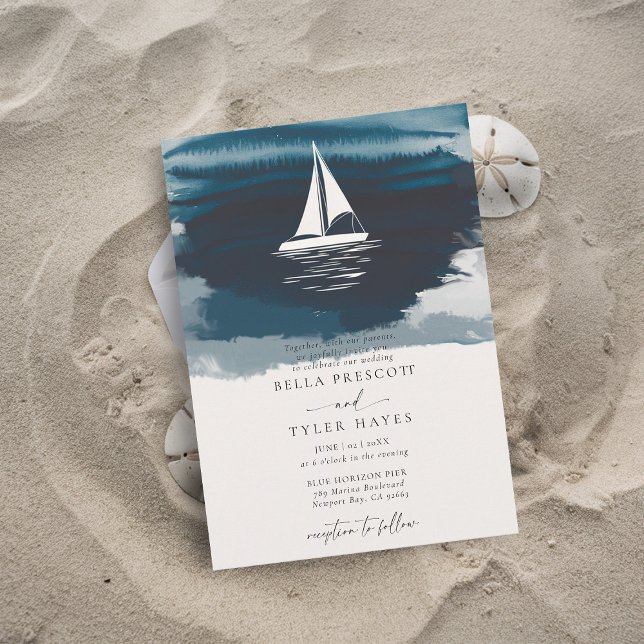 Coastal Navy Ocean Beach Sail Boat Elegant Wedding Invitation (coastal wedding invitation modern minimalist elegant beach ocean waves boat sail sailing navy blue)