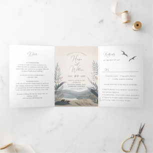 coastal new england beach Tri-Fold Wedding Invitation